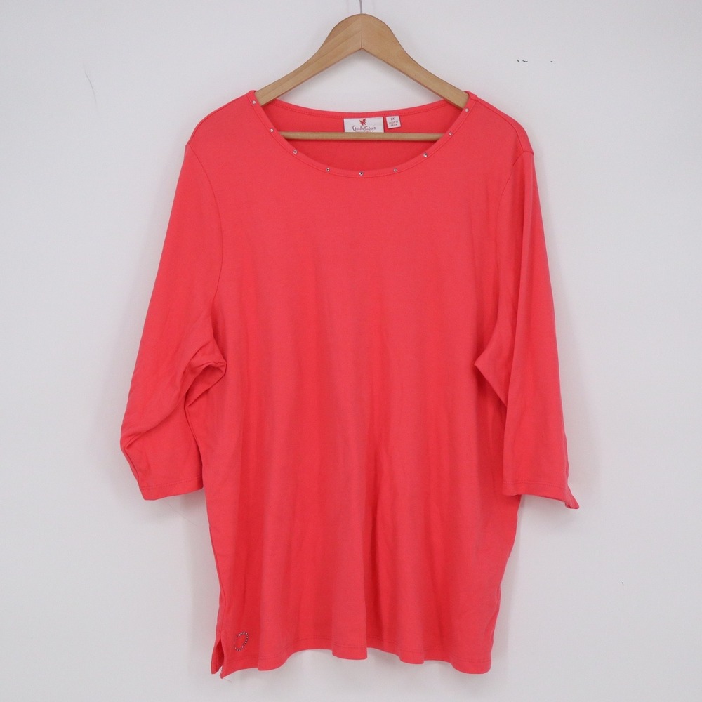 Quacker Factory Top Womens 2X Jeanne Bice Coral Rhinestone Heart 3/4 Sleeve